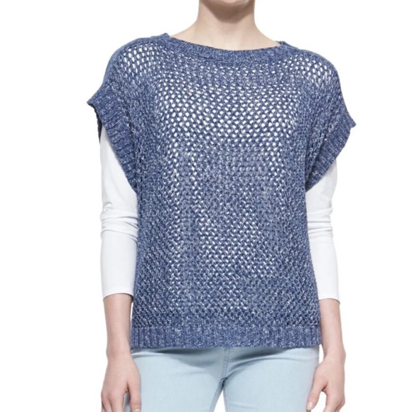 Lafayette 148 New York Women's Blue Open Knit Short Sleeve Sweater Top - Picture 1 of 8